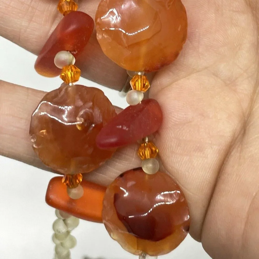 Gorgeous Carnelian Stone And Sea Glass Beaded 16” Necklace - Picture 1 of 6